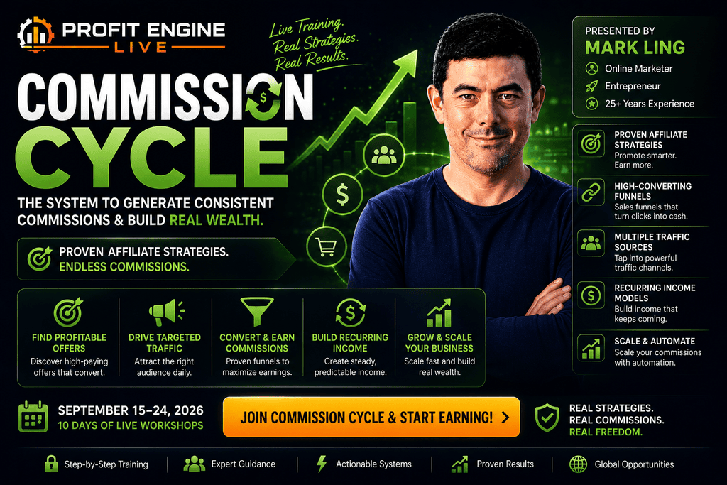 Commission Cycle 2026 hero banner featuring Mark Ling, affiliate marketing strategies, traffic generation, funnels, recurring commissions, and Profit Engine Live workshop dates.