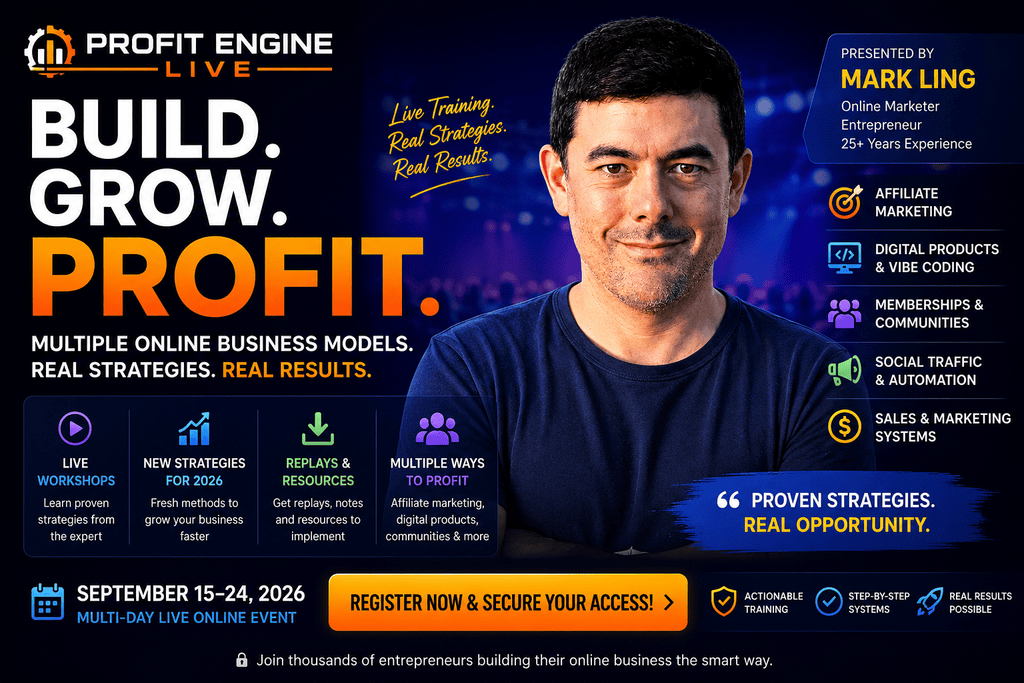 Profit Engine Live 2026 hero banner featuring Mark Ling, live workshops, affiliate marketing, digital products, social traffic, replays, and September 2026 event dates.