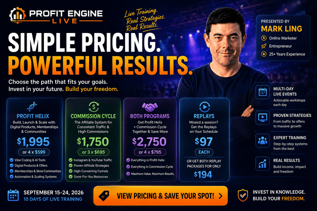 Profit Engine Live 2026 pricing banner featuring Mark Ling, Profit Helix, Commission Cycle, combined program pricing, replay packages, and September event dates.