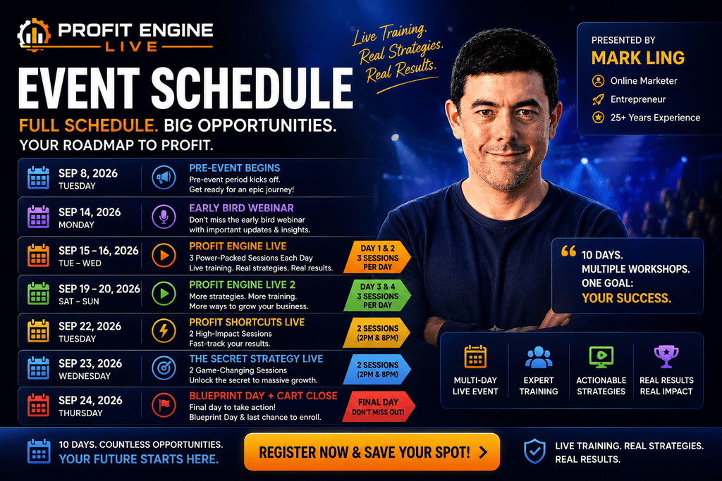 Profit Engine Live 2026 schedule featuring Mark Ling, live workshop dates, Profit Engine Live 2, Profit Shortcuts Live, The Secret Strategy Live, and Blueprint Day.
