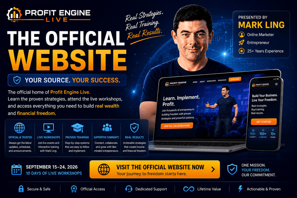 Profit Engine Live official website hero banner featuring Mark Ling, live workshops, online business training, proven strategies, and September 2026 event access.