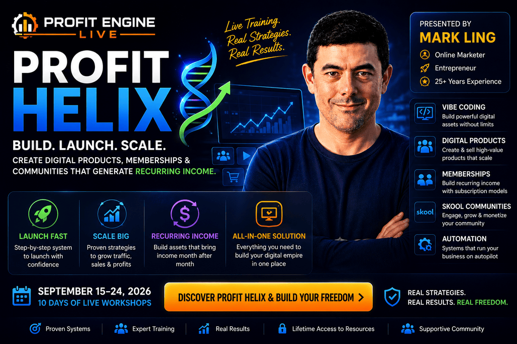 Profit Helix 2026 hero banner featuring Mark Ling, vibe coding, digital products, memberships, Skool communities, automation, and Profit Engine Live workshop dates.