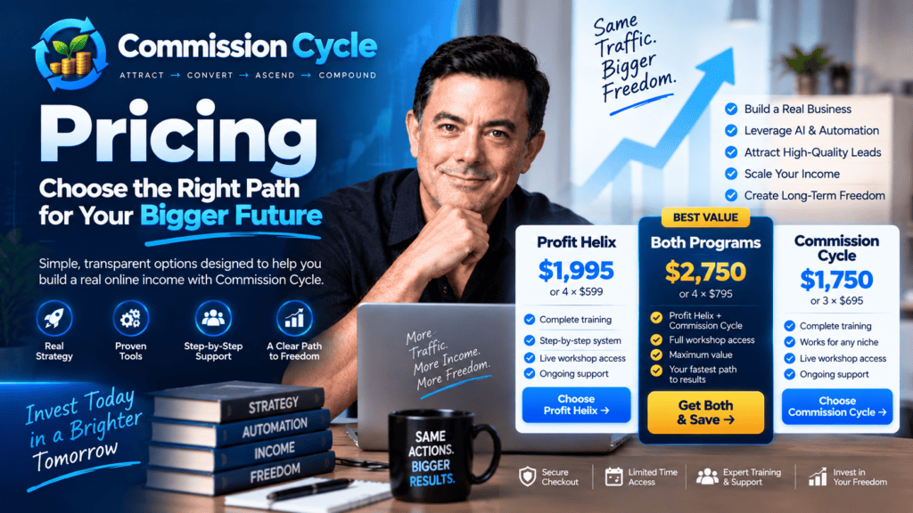 Commission Cycle pricing options, affiliate marketing training, AI automation, growth strategy, and Mark Ling