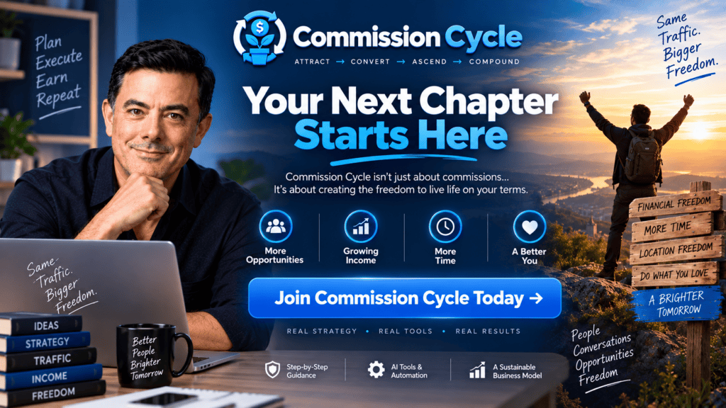 Commission Cycle system final call-to-action image highlighting affiliate marketing, AI tools, automation, income growth, and long-term freedom