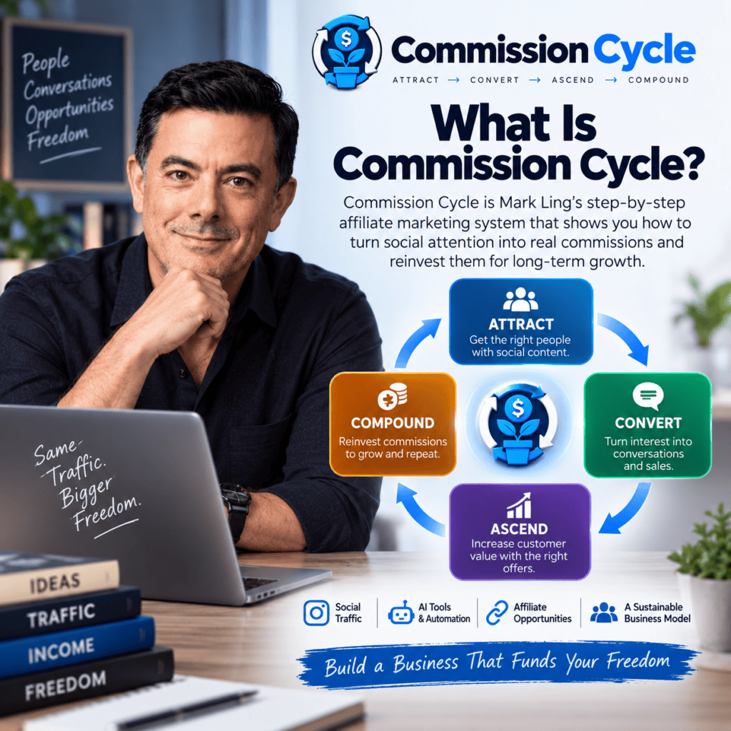 What is Commission Cycle infographic showing the 4-step Attract, Convert, Ascend and Compound affiliate marketing system with Mark Ling