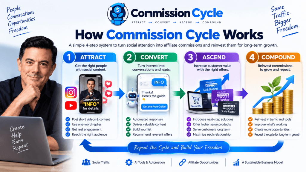 How Commission Cycle works with the 4-step method and Compound affiliate marketing process
